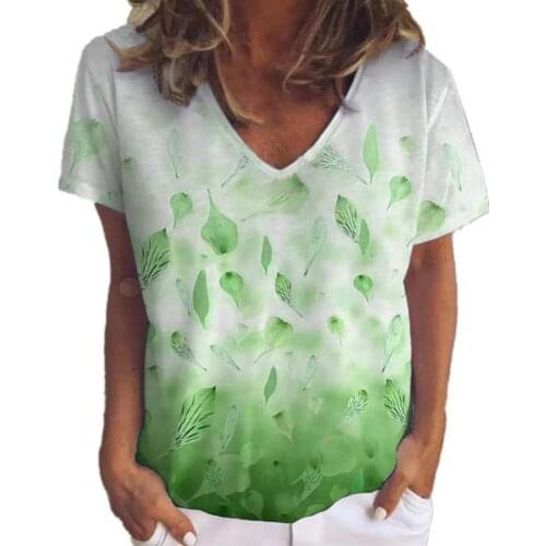 Women Plus Size Leaf Flower Print Short Sleeve V-Neck Thin Loose Pullover T-shirt Tee Top for Summer Ladies Clothing