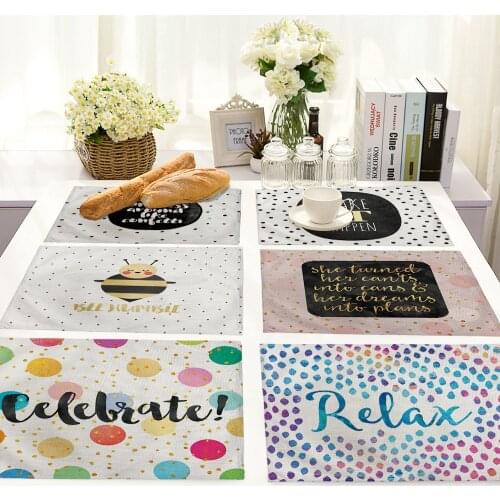 Anime English Letter Printed Cotton Linen Placemat Polka Dot Cartoon Multicolor Coffee Coasters Party Decoration Accessories