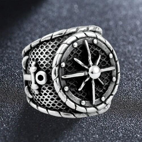 Stainless Steel Cool Viking-Pirate Compass Ring Nordic Locomotive Anchor-Rings Mens Retro Sailor Amulet Jewelry