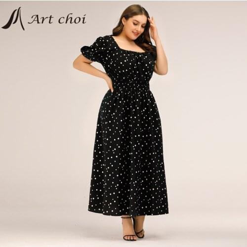 Summer Women Long Polka Dots Dress Female Boho Beach Elegant Skirt Square Puff Sleeve Ladies Fashion Party Vestido Plus Size