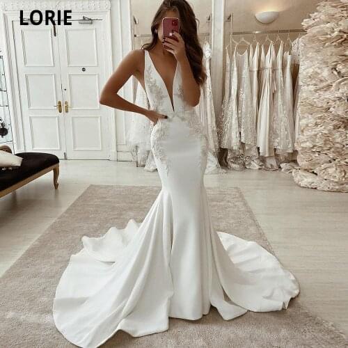 LORIE 2021 Sexy Deep V-Neck Mermaid Wedding Dresses For Bridal Gowns Modern Satin Lace Appliqued Sleeveless Gowns Court Train