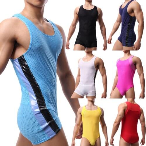 Mens Undershirts Mesh Breathable Sports Bodysuits Leotard Bodybuilding Wrestling Singlet One-piece Sleepwear Fishnet Rompers