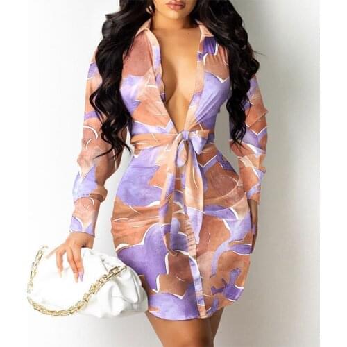 Fashion Autumn New Women Long Sleeve Party Dress Print Lace-Up Bow Bodycon Mini Dress Lady Office Sexy Deep V Neck Shirt Dresses