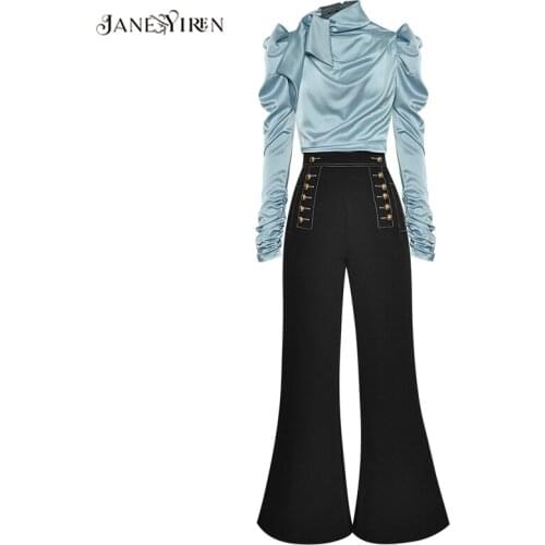 Jianyiren Fashion Designer Set Autumn Women Ruched Long Sleeve Tops+Double breasted bell-bottoms Two-piece set