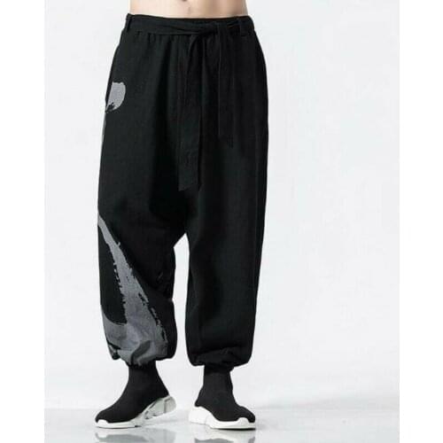 Retro Chinese Style Men Long Harem Pant Cotton Loose Casual Collapse Trousers C175
