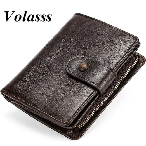 VOLASSS Small Man Wallet RFID Blocking Pocket Genuine Leather Men Wallets With Flip ID Coin Purse For Male Purses Porte Monnaie