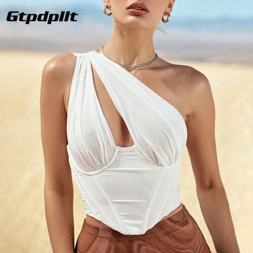 Gtpdpllt Sexy One Shoulder Hollow Out Crop Tops For Women 2021 Y2K Backless Bodycon Summer Corset Top Ladies Chic White Camis