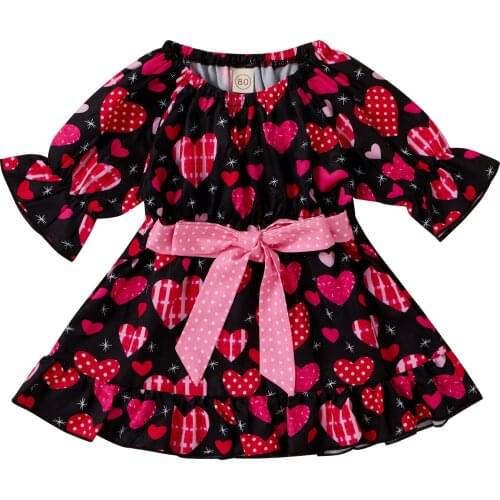 Girls Heart Print Bowknot Round Neck Dresses Half Ruffle Sleeve Princess Dress for Holiday Birthday Party Vacation Dancing