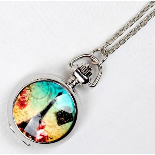 Silvered pocket watch women Dawn Eiffel Paris Necklace watch Vintage fashion girl chain watch woman