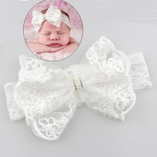 Withe Lace Crystal Bow Flower Baby Headbands for girl Elastic Baby Accessories Kids headwear Newborn hairbands photography prop