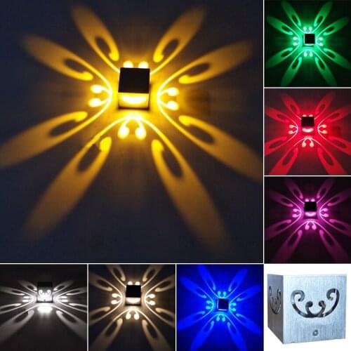 Dimmable 3W LED Wall Mount Lamp Fixture Aluminium Butterfly Light Cube Box Decor Lighting Bedroom Disco KTV Bar Silver shell
