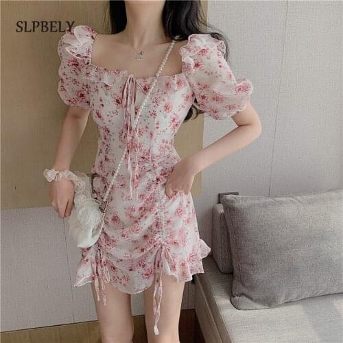 SLPBELY Sexy Floral Print Mini Dress For Women Summer Chic Square Collar Puff Sleeve Sundress Fashion Slim Dress Dress Vestido