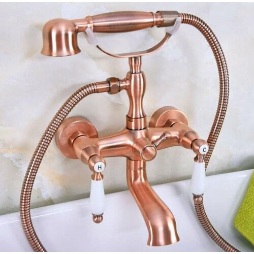 Antique Red Copper Wall Mount Dual Ceramic Handles Bathtub Faucet Telephone Style Tub Shower Mixer Taps Bna327