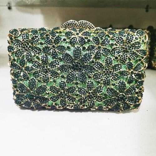 Evening Green Rhinestone Purse Gold Metal Floral Crystal Evning Clutch Bag Fashion Women’s Shoulder Party Purse Mini Minaudiere