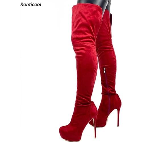 Ronticool Handmade Winter Women Thigh Boots Platform Zipper Stiletto Heels Round Toe Purple Red Club Shoes Women Us Size 5-20