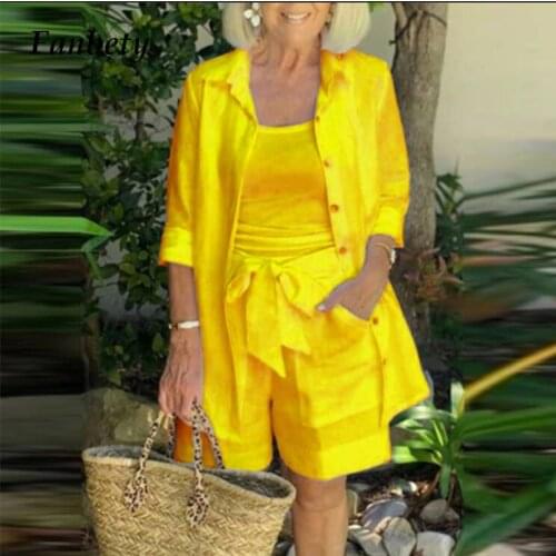 2021 Autumn Fashion Solid Color Three Piece Set Women Casual Sling Shirts Coat And Elastic Waist Shorts Loose Outfits Streetwear