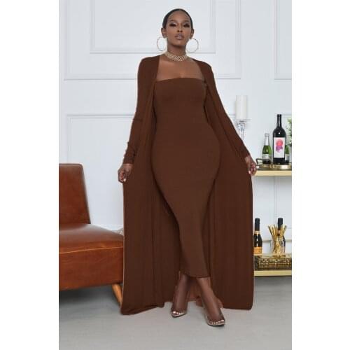 Dress Sets Matching Set Strapless Midi Dress and Long Sleeve Long Cardigan 2 Piece Set Women Summer 2021 Conjuntos De Vestido