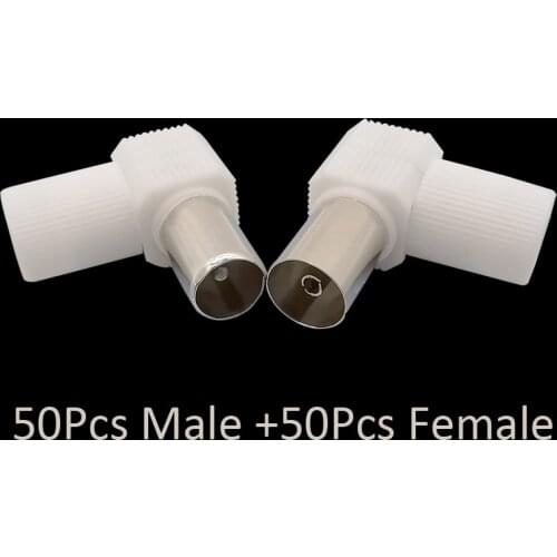 100Pcs Digital TV Connector Plug and Jack 90 Degrees Adapter RF TV Male Female Right Angle Coaxial Cable Connectors Antennas