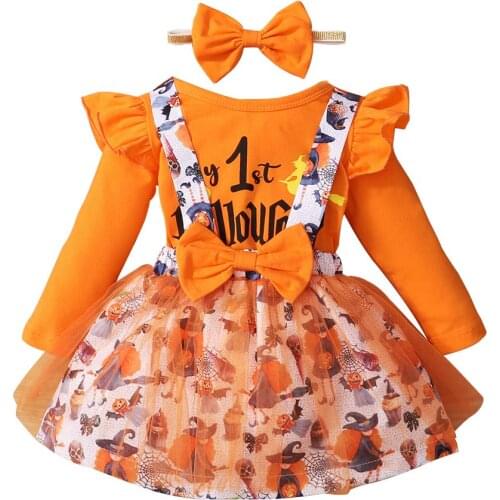 Baby Girls Halloween Fashion Outfits Toddlers Fly Long Sleeve Bodysuit Romper Top Bowknot Sling Foral Skirt Headband 3pcs Set