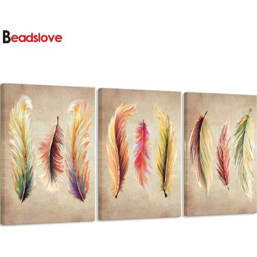 3 Piece round Diamond Painting Colorful Feathers Full square Rhinestone of Picture Diamond mosaic Abstract Artwork Modern Sofa