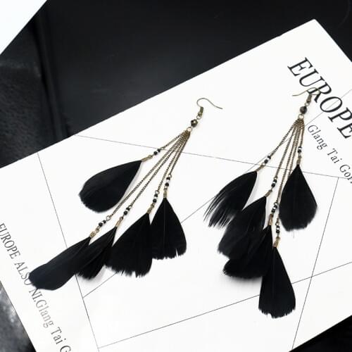 TopHanqi 2018 Oorbellen Bohemia Feather Earrings Female Jewelry Gift Black Fashion Long Tassel Drop Ethnic Earrings For Women