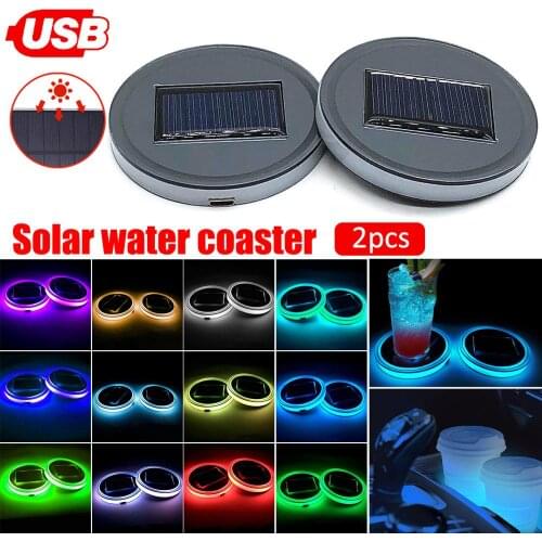 Car Cup LED Light Solar Water Coaster Drink Coasters Cup Holder USB Colorful Interior Atmosphere Light Anti-slip Mat Decorations