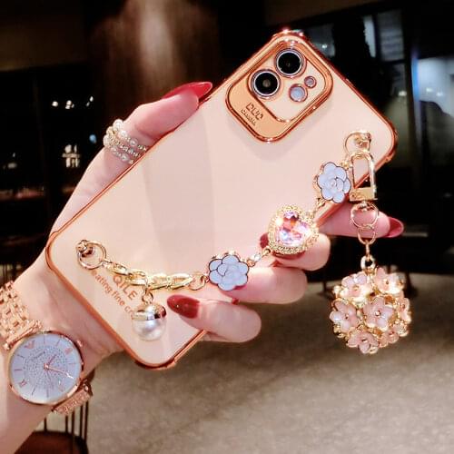 Cute Plating Glitter Bling Camellia Gem Bracelet Flower Pendant Phone Case For IPhone 12 Pro XS MAX XR X Back Protection Cover