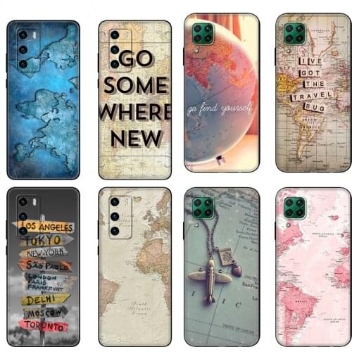 Black tpu Case For Huawei P30 Lite P30 Pro P40 Case For Huawei P40 LITE E P Smart 2020 Case Cover World Map Travel