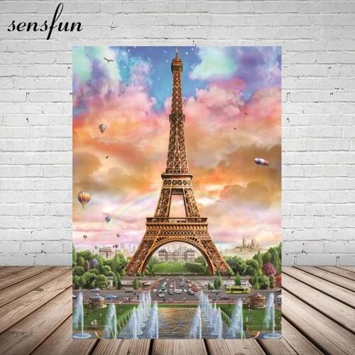 Fairy Rainbow Paris Eiffel Tower Backdrop Photo Both Hot Air Balloon Colorful Clouds Backgrounds For Photo Studio 5x7FT