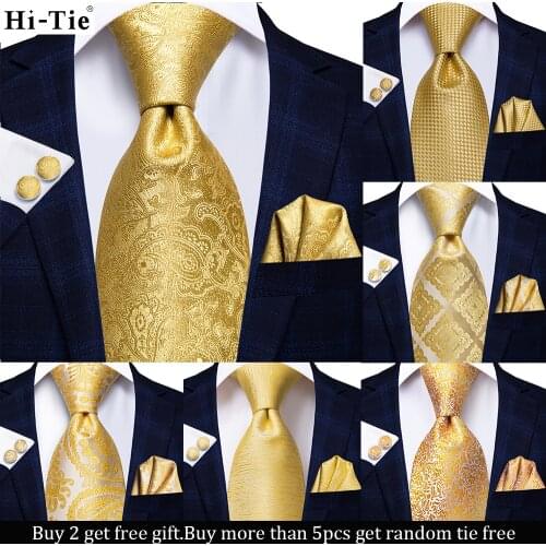 Hi-Tie Silk Wedding Ties For Men Yellow Paisley Hanky Cufflink Gift Mens Necktie Gravata Set Business Dropshipping New Designer