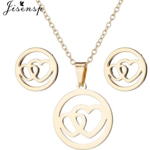Jisensp Stainless Steel Jewelry Sets Romantic Double Hearts Pendant Necklace Earrings for Women Girls Valentines Day Gift