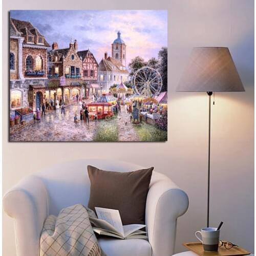 Paint by number art painting by numbers City street view house people street lamp car rainy day art creative landscape painting