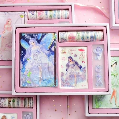 Kawaii Student Kpop Journal Notebook Princess Stationery Set Flower Hand Account Sticker Gift Box Set School Office Supplies