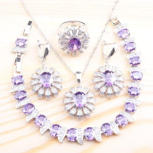 Natural Purple Crystal Wedding Jewelry Sets For Women Bridal Jewelry Bracelets Earrings Rings Set Russian style QS088