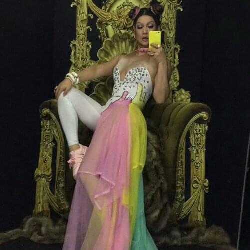 Colorful Rhinestones Women Bodysuit Leggings Costume Female Stage Wear Singer Dance Clothing Party Stretch Jumpsuit Outfit