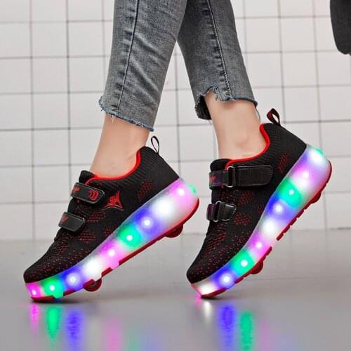 LED Light Up Glowing Children Boy Girl Roller Skate Tennis Sneakers Shoes with Two Wheels Kids Boys Girls USB Skating Pink Shoes
