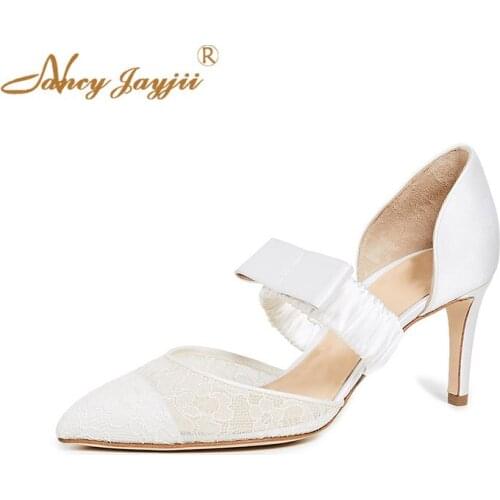 Sweet White Lace Butterfly-knot Pumps Woman Wedding Shoes Cap Pointy Toe Stilettos Thin Heels Footwear Large Size 11 15 Elegant