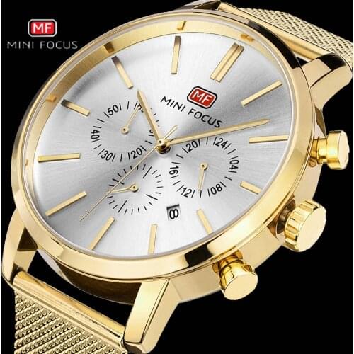 MINIFOCUS Royal Quartz Watch Men Auto Date Multifunction Clock Luxury Golden Mesh Strap Watches Big Dail Wristwatch Waterproof