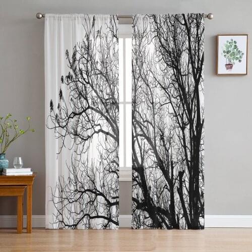 Black And White Trees Sheer Curtains for Living Room Bedroom Kitchen Tulle for Windows Voile Yarn Curtains for Bedroom