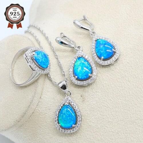 Blue Natural Opal Silver Color Jewelry Set for Women Earrings Necklace Pendant Ring Birthday Gift