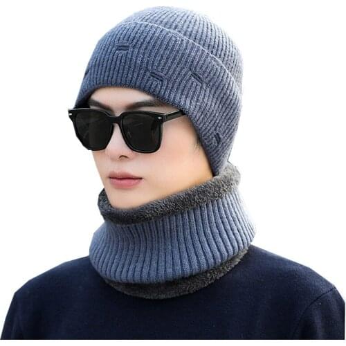 2020 Winter Warm Men Hat Scarf Knitted Soft Plus velvet Thick Hat Collar Set Skullies Beanies Balaclava Mask Bonnet Hats