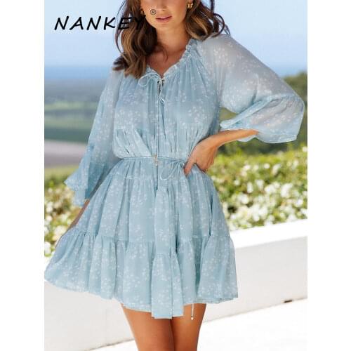 NANKEY Blue Print Chiffion Mini Dress Ladies Adjustable Neck Ties Casual Summer Short Women Dress High Waist Flare Half Sleeve