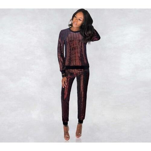 Adogirl Sequins Two Piece Set Long Sleeve Sweatshirt Top Pencil Pants Casual Tracksuit