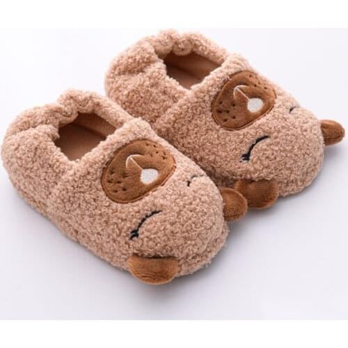 Toddler Boys Slippers Cartoon Bear Plush Warm Shoe Little Kids Loafers Winter House Shoes Girls Soft Rubber Sole Home Footwear