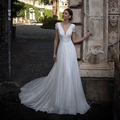 UZN A-Line Wedding Dress Elegant Silver V-Neck Beading Sequined Hot Sale Cap Sleeves Glitter Bridal Gown Plus Size Wedding Gowns