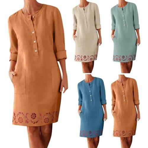 Retro Women O Neck Long Sleeve Single-breasted Floral Print Hem Knee-length Dress Loose Mini Dress For Womens Clothings