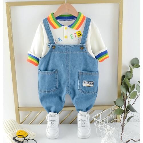 2021 Toddler Clothes Set Baby Kids Boys Girls Rainbow Tops T-shirt Overalls Denim Pants Casual Outfits Fashion Cute Clothing Set