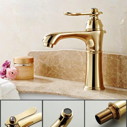Free Shipping High quality brass golden basin sink mixer tap with classic hot cold gold basin faucet and deck mounted basin tap