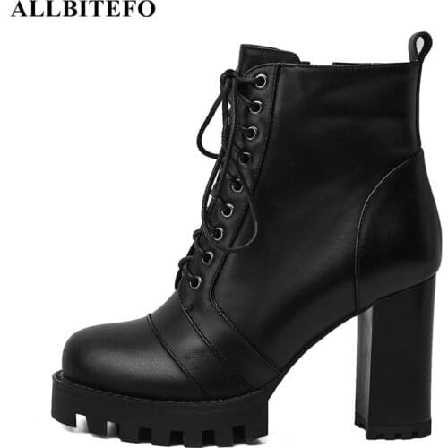 ALLBITEFO fashion genuine leather thick heel platform women boots high heel shoes high quality leather boots girls ankle boots