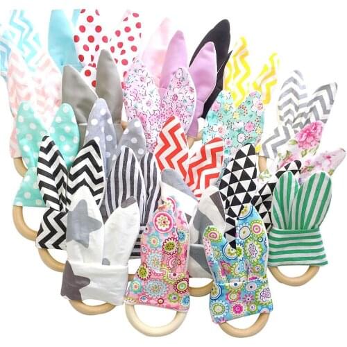 Wooden Ring Baby Bunny Ear Teether Teething Toy Safe Soothing Chew Shower Gift New